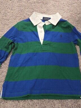 Polo by Ralph Lauren Green & Blue Striped Rugby Shirt with White Collar